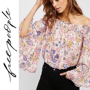 {Free People} "Free Spirit" Off-Shoulder Floral Top with Bell Sleeves